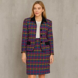 Vintage 80s 90s JH Collectibles Rainbow Houndstooth Wool Skirt Suit Set USA 8/10